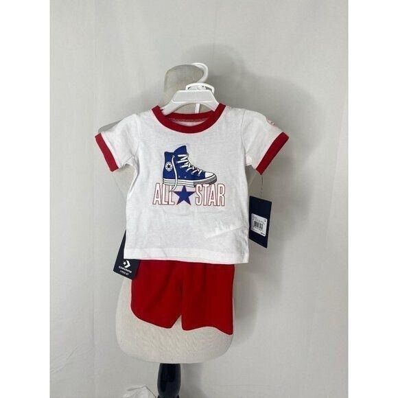Converse Boy’s Shorts and Shirt Red White All Star 2 Piece Outfit Size 12 Months - Picture 2 of 4